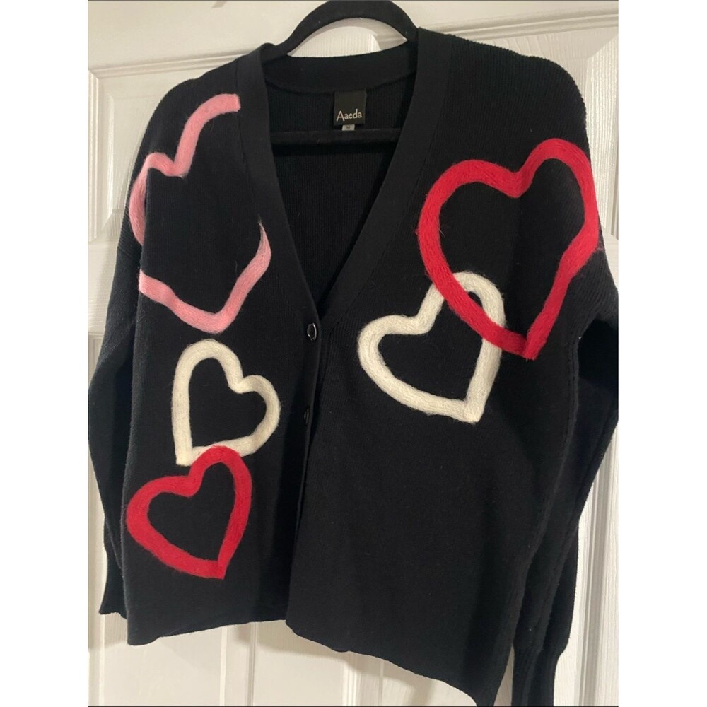 Aaeda Black Cardigan Sweater with Red pink & White Hearts Super Soft Sz M
